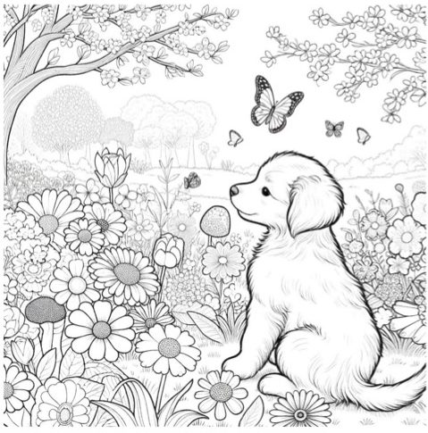 犬, 塗り絵, 花, 大人のぬりえ, 印刷, ダウンロード, coloring for adult, dog, puppy, flower, pdf, advanced coloring book,