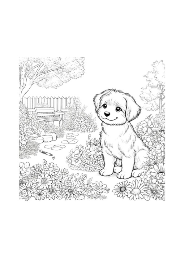 犬, 塗り絵, 花, 大人のぬりえ, 印刷, ダウンロード, coloring for adult, dog, puppy, flower, pdf, advanced coloring book,